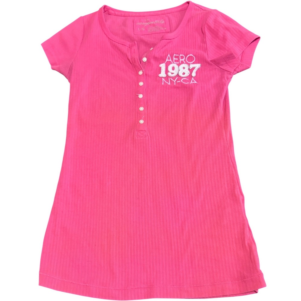 Aeropostale Pink Ribbed Henley Short Sleeve Graphic T Shirt Womens L y2k Barbie